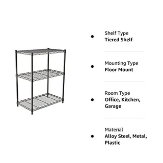 Amazon Basics 3-Shelf Adjustable Heavy Duty Steel Wire Rack Storage Shelving Organizer for Kitchen, Garage, 23.2" L x 13.4" W x 30" H, Black