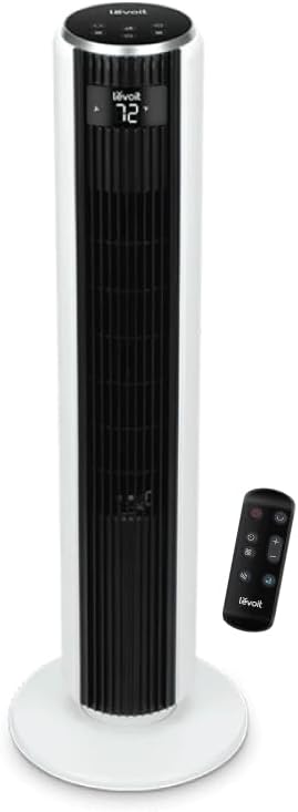 LEVOIT Tower Fan for Large Bedroom 42 Inch, 7.5m/s Powerful Electric Cooling Fan with Remote, 25 dB Quiet 90° Oscillating Bladeless Fan, 12 Speeds, 4 Modes, 12H Timer, Standing Fan for Home Office