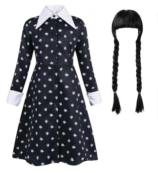 AmzBarley Girls Addams Costume Little Kids Addams Family Dress Up for Halloween Cosplay Birthday Party