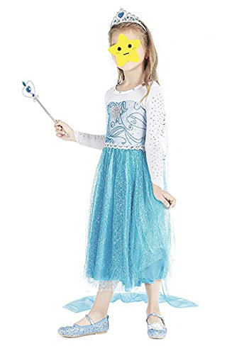 WonderBabe Girls Snow Queen Costume Kids Princess Coronation Dress Up Halloween Birthday Party Cosplay Outfit with Accessory Set 1-12 Years