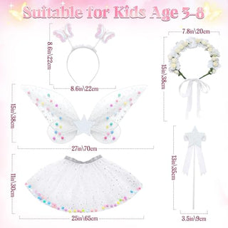 Fairy Dressing up Costume for Girls, SYOSI 5pcs Girls Fairy Wings Costume Kids Toddler Butterfly Wings with Wand Tutu Skirt Crown Headband Halloween Dress Up Gift