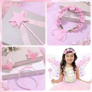 Fairy Dressing up Costume for Girls, SYOSI 5pcs Girls Fairy Wings Costume Kids Toddler Butterfly Wings with Wand Tutu Skirt Crown Headband Halloween Dress Up Gift