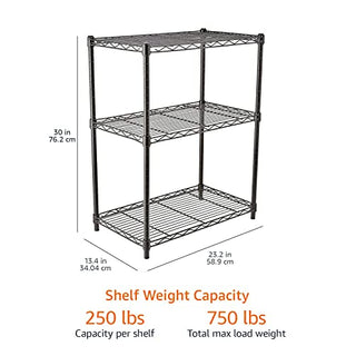 Amazon Basics 3-Shelf Adjustable Heavy Duty Steel Wire Rack Storage Shelving Organizer for Kitchen, Garage, 23.2" L x 13.4" W x 30" H, Black