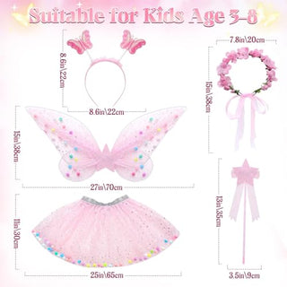 Fairy Dressing up Costume for Girls, SYOSI 5pcs Girls Fairy Wings Costume Kids Toddler Butterfly Wings with Wand Tutu Skirt Crown Headband Halloween Dress Up Gift