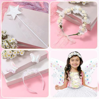 Fairy Dressing up Costume for Girls, SYOSI 5pcs Girls Fairy Wings Costume Kids Toddler Butterfly Wings with Wand Tutu Skirt Crown Headband Halloween Dress Up Gift