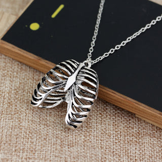 Punk Human Thoracic Skeleton Pendant Necklace Vintage Antique Gold Silver Ribs Necklaces For Men