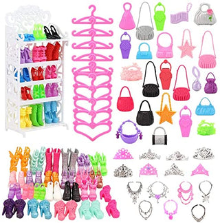 80 Pcs Doll Clothes Waredrobe Accessories, Shoes Rack, Fashion Dresses, Outfits Clothes Sets, 2 Swimsuits, 8 Mini Dresses, 20 Shoes and Hangers, Hand Bags, Crowns and Glasses, For 11.5 inch Dolls