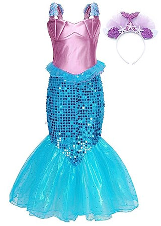 WonderBabe Little Girl Mermaid Princess Dresses Ariel Costume for Grils Birthday Party Halloween Cosplay Outfit with Accessories