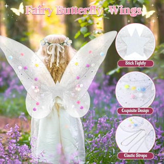 Fairy Dressing up Costume for Girls, SYOSI 5pcs Girls Fairy Wings Costume Kids Toddler Butterfly Wings with Wand Tutu Skirt Crown Headband Halloween Dress Up Gift