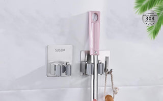 ZALCOON 4 PCS Mop Broom Holder Wall Mount - Mop Holder Self Adhesive Broom Hanger Stainless Steel for Home Garage Garden Laundry Room Storage, Kitchen Tools Organizer (With Hook)