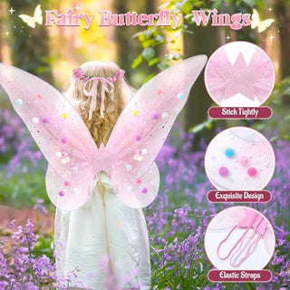 Fairy Dressing up Costume for Girls, SYOSI 5pcs Girls Fairy Wings Costume Kids Toddler Butterfly Wings with Wand Tutu Skirt Crown Headband Halloween Dress Up Gift