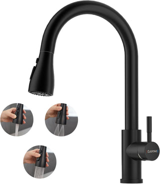 DAYONE Waterfall Kitchen Sink Tap with Pull Out Sprayer, Matte Black Kitchen Faucet Raindance 3 Modes, Modern Stainless Steel 1 Hole Sink Mixer, 360° Swivel & Single Handle, DAY-CR2546