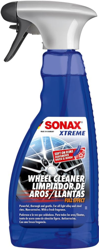 SONAX XTREME Wheel Cleaner PLUS (500 ml) includes efficient and acid-free cleaning of all alloy and steel rims as well as painted, chrome-plated and polished rims | Item No. 02302000
