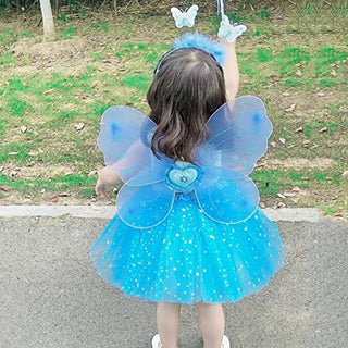 KASTWAVE Fairy Princess Costume Set Princess Tutu Skirt Fairy Butterfly Wings with Blue Headband, Blue Tutu Skirt, Butterfly Wand for Girls Party, Bridesmaid, Pageant, Cosplay for Ages 2-6