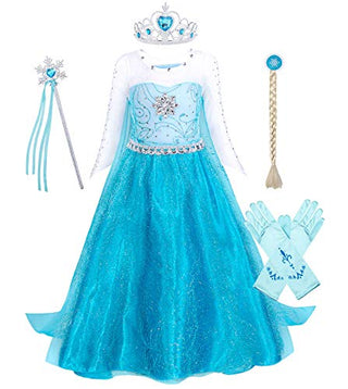 WonderBabe Girls Snow Queen Costume Kids Princess Coronation Dress Up Halloween Birthday Party Cosplay Outfit with Accessory Set 1-12 Years