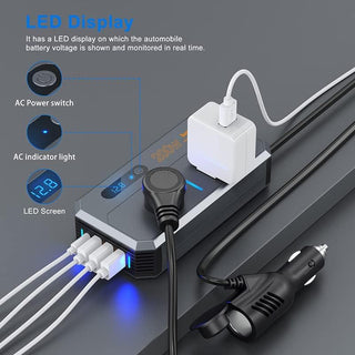 FOKKAH 200W Car Power Inverter, DC 12/24V to 220V AC Car Inverter,3 USB 1 Type-C Ports Charger Adapter Car Plug Converter with Switch and Current LED Screen (Grey)