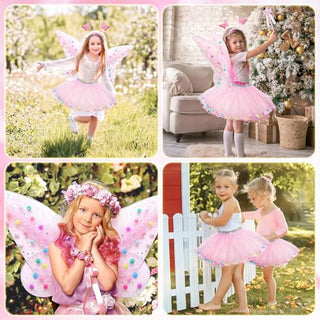 Fairy Dressing up Costume for Girls, SYOSI 5pcs Girls Fairy Wings Costume Kids Toddler Butterfly Wings with Wand Tutu Skirt Crown Headband Halloween Dress Up Gift