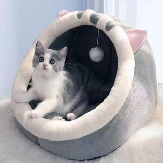 Cat Bed Pet Cave Bed with Anti-Slip Bottom, 48 * 44 * 42cm,Suitable for All Cats & Small Dogs, Pet Bed with Removable Washable Cushion, Soft Calming Bed with Hanging Toy Ideal for Cats and Puppy (B)