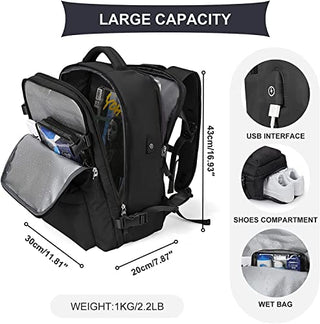 Travel Backpack for Airline Approved, Black Carry on Backpack, Waterproof Outdoor Sports Rucksack Casual Daypack Fit 15.6 Inch Laptop with USB Charging Port Shoes Compartment