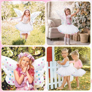 Fairy Dressing up Costume for Girls, SYOSI 5pcs Girls Fairy Wings Costume Kids Toddler Butterfly Wings with Wand Tutu Skirt Crown Headband Halloween Dress Up Gift
