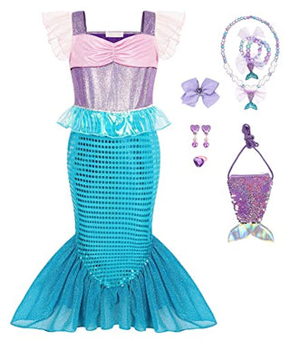 WonderBabe Little Girl Mermaid Princess Dresses Ariel Costume for Grils Birthday Party Halloween Cosplay Outfit with Accessories