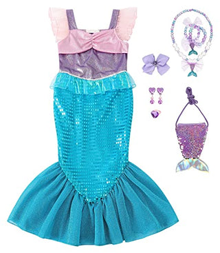 WonderBabe Little Girl Mermaid Princess Dresses Ariel Costume for Grils Birthday Party Halloween Cosplay Outfit with Accessories