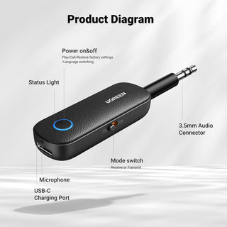 UGREEN Bluetooth Adapter Bluetooth 5.0 Transmitter, Receiver 2in1 Wireless 3.5mm Bluetooth Adapter Dual Devices Simultaneously Aux Bluetooth Audio Car Adapter For TV Car Home Stereo System Headphones