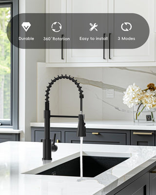DAYONE Waterfall Kitchen Sink Tap with Pull Out Sprayer, Matte Black Kitchen Faucet Raindance 3 Modes, Modern Stainless Steel 1 Hole Sink Mixer, 360° Swivel & Single Handle, DAY-CR2546