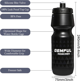 GEMFUL Bike Water Bottle BPA Free 750ml 2 Pack (Black+white)