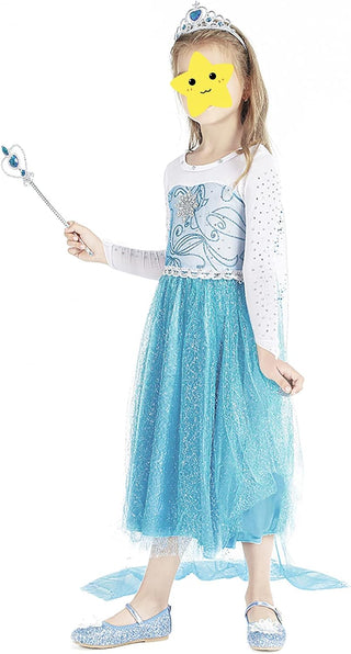 WonderBabe Girls Snow Queen Costume Kids Princess Coronation Dress Up Halloween Birthday Party Cosplay Outfit with Accessory Set 1-12 Years