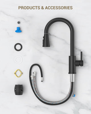 DAYONE Waterfall Kitchen Sink Tap with Pull Out Sprayer, Matte Black Kitchen Faucet Raindance 3 Modes, Modern Stainless Steel 1 Hole Sink Mixer, 360° Swivel & Single Handle, DAY-CR2546