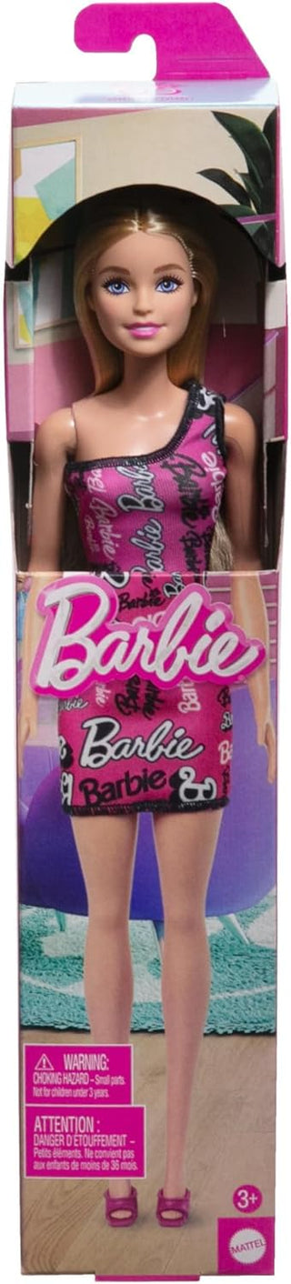 Barbie Fashion Doll with Straight Blonde Hair Wearing Removable Pink Dress & Shoes with Logo Print