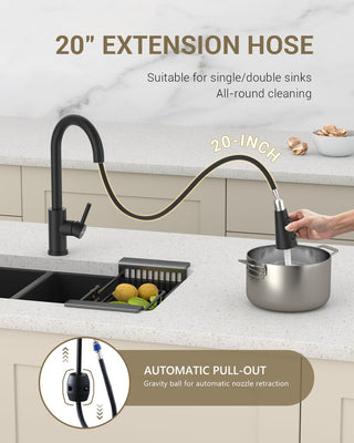 DAYONE Waterfall Kitchen Sink Tap with Pull Out Sprayer, Matte Black Kitchen Faucet Raindance 3 Modes, Modern Stainless Steel 1 Hole Sink Mixer, 360° Swivel & Single Handle, DAY-CR2546