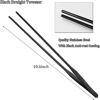 HRASY Black Aquarium Tweezers Set Stainless Steel Straight and Curved Tweezers Long Handle Reptile Feeding Tongs for Fish Tank Aquatic Plants, Pack of 2, 10.6 Inch