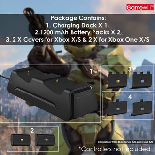 GameWill Dual Charging Dock with 2 x Rechargeable Battery Packs [EXTRA POWER 1200 mAh] for Xbox Series X and Series S (also compatible with Xbox One X/S) - Black- USB