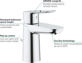 GROHE BauLoop Single Lever Basin Mixer | S-Size | With Plastic Pop-Up Waste Set | Water Saving Bathroom Tap | Bathroom Fixtures | Chrome | 23335000