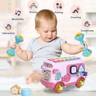 Mumoo Bear Baby Bus Musical Toy with Xylophone, Interactive Early Childhood Educational Gifts, Baby Crawling Activity Toys with Baby Cube, Suitable for Kids Ages 2+ (Pink)