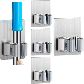 ZALCOON 4 PCS Mop Broom Holder Wall Mount - Mop Holder Self Adhesive Broom Hanger Stainless Steel for Home Garage Garden Laundry Room Storage, Kitchen Tools Organizer (With Hook)