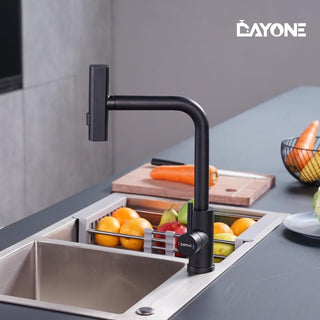 DAYONE Waterfall Kitchen Sink Tap with Pull Out Sprayer, Matte Black Kitchen Faucet Raindance 3 Modes, Modern Stainless Steel 1 Hole Sink Mixer, 360° Swivel & Single Handle, DAY-CR2546