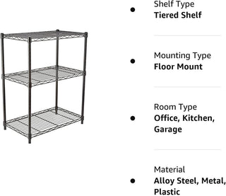 Amazon Basics 3-Shelf Adjustable, Heavy Duty Storage Shelving Unit (113.3 kilograms loading capacity per shelf), Steel Organizer Wire Rack, Black, 58.9 x 34 x 193.5 centimeters