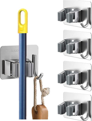 ZALCOON 4 PCS Mop Broom Holder Wall Mount - Mop Holder Self Adhesive Broom Hanger Stainless Steel for Home Garage Garden Laundry Room Storage, Kitchen Tools Organizer (With Hook)