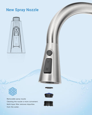 DAYONE Waterfall Kitchen Sink Tap with Pull Out Sprayer, Matte Black Kitchen Faucet Raindance 3 Modes, Modern Stainless Steel 1 Hole Sink Mixer, 360° Swivel & Single Handle, DAY-CR2546