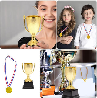 Sosoport Mini Trophies and Awards Set Gold Trophy Cup and Shiny Golden Winner Medals for Kids and Adults Sports Party Favors