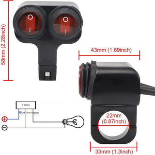 Excefore Motorcycle Handlebar Switch, 12v 16A Motorcycle Universal 7/8" 22-23mm Handlebar Button Switch, CNC Aluminium Alloy Waterproof Double Control Button Red Light Switch for Scooter Electric Bike