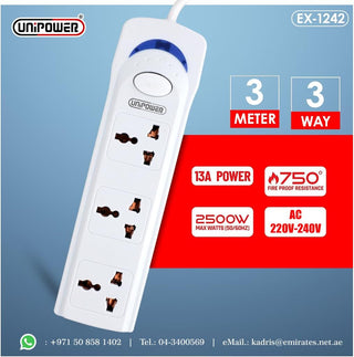Unipower EX-1242 Power Socket with 3 Way Outlets and Extension Cord, 3 Meter Length, White