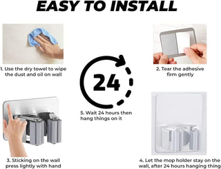 ZALCOON 4 PCS Mop Broom Holder Wall Mount - Mop Holder Self Adhesive Broom Hanger Stainless Steel for Home Garage Garden Laundry Room Storage, Kitchen Tools Organizer (With Hook)