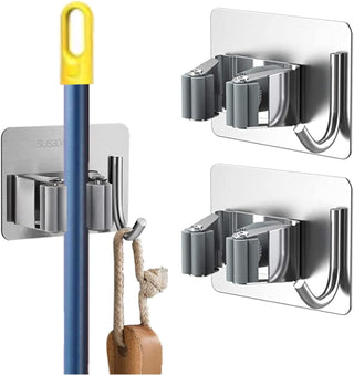 ZALCOON 4 PCS Mop Broom Holder Wall Mount - Mop Holder Self Adhesive Broom Hanger Stainless Steel for Home Garage Garden Laundry Room Storage, Kitchen Tools Organizer (With Hook)