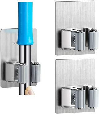 ZALCOON 4 PCS Mop Broom Holder Wall Mount - Mop Holder Self Adhesive Broom Hanger Stainless Steel for Home Garage Garden Laundry Room Storage, Kitchen Tools Organizer (With Hook)