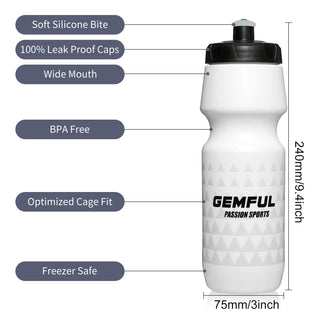 GEMFUL Bike Water Bottle BPA Free 750ml 2 Pack (Black+white)