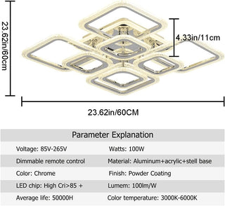 Qcyuui Dimmable Modern Ceiling Light, Acrylic LED Round Flush Mount Lighting Fixtures, 56W 4-Lights 56cm Indoor White Ceiling Lamp with Remote for Living Room Kitchen Bedroom Dining Room Office